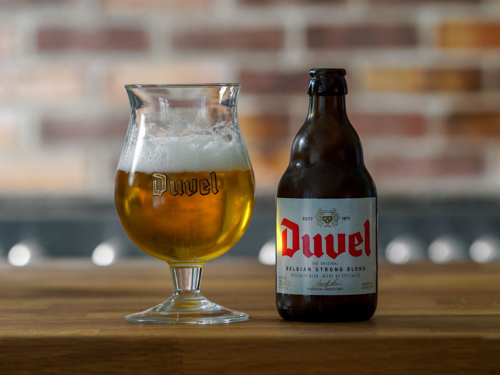 A Duvel beer bottle and glass