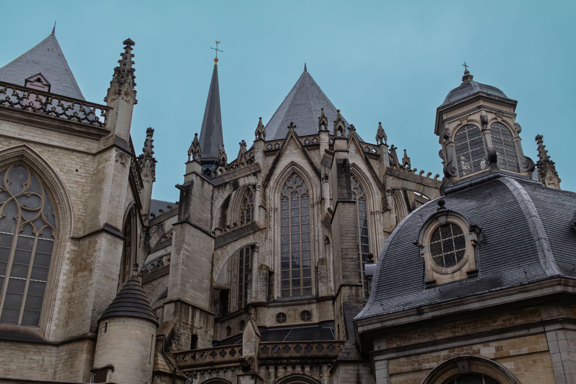 Gothic stonework of a historic cathedral in Brussels
